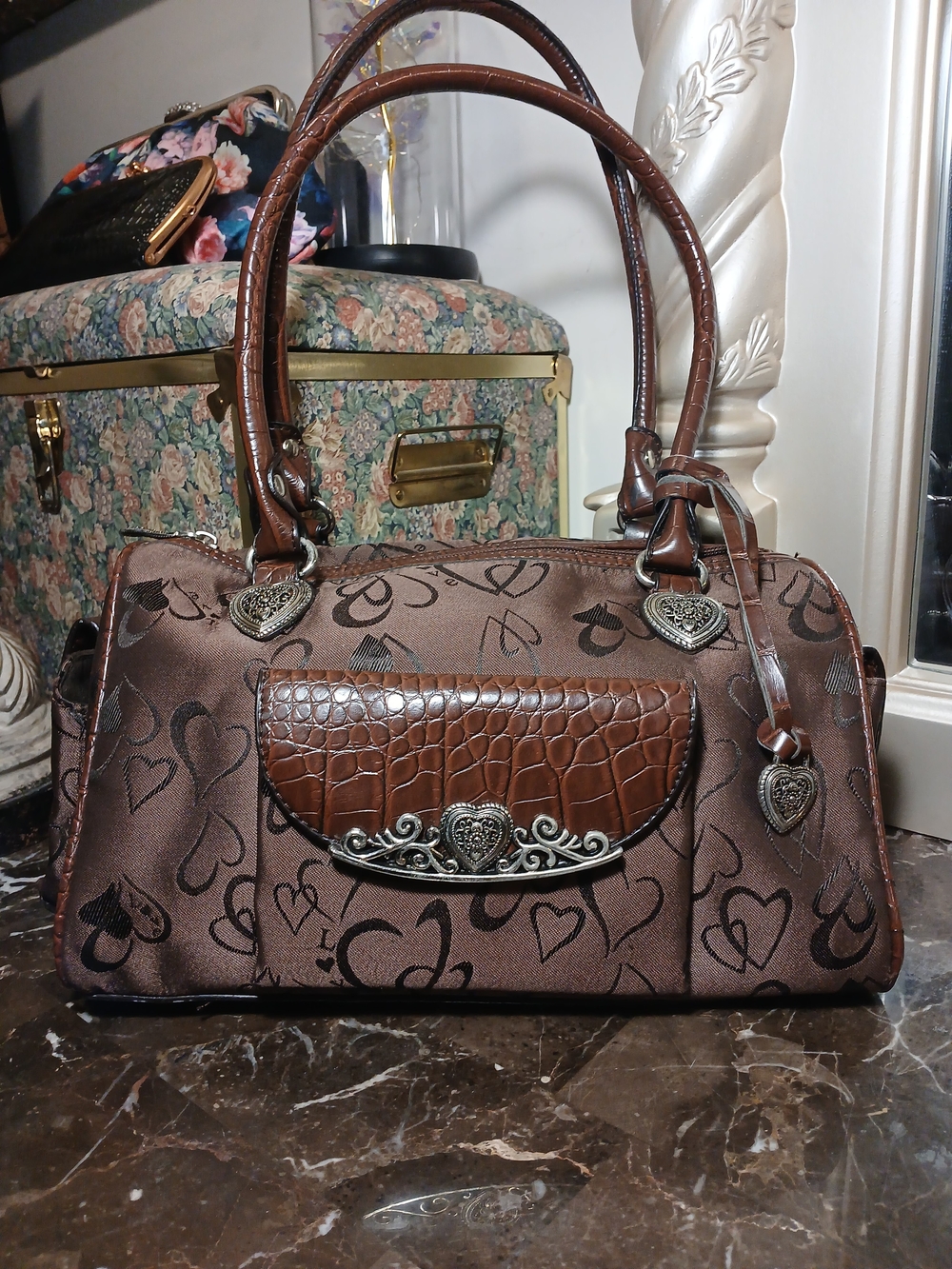 Heart-Accent Brown Shoulder Bag with Decorative Hardware